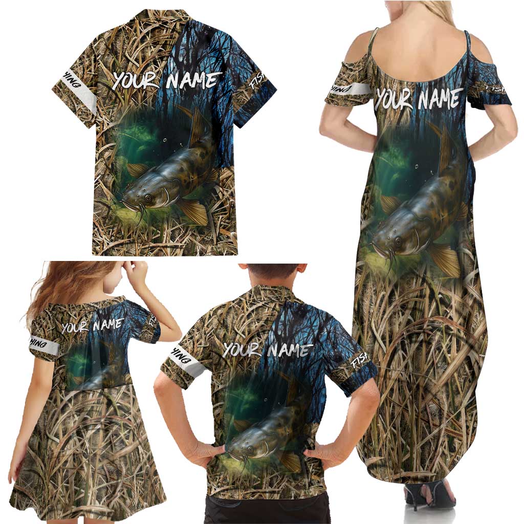 Catfish Fishing Underwater Scene Family Matching Summer Maxi Dress and Hawaiian Shirt Custom Name Swamp Grass and Camouflage - Wonder Print Shop