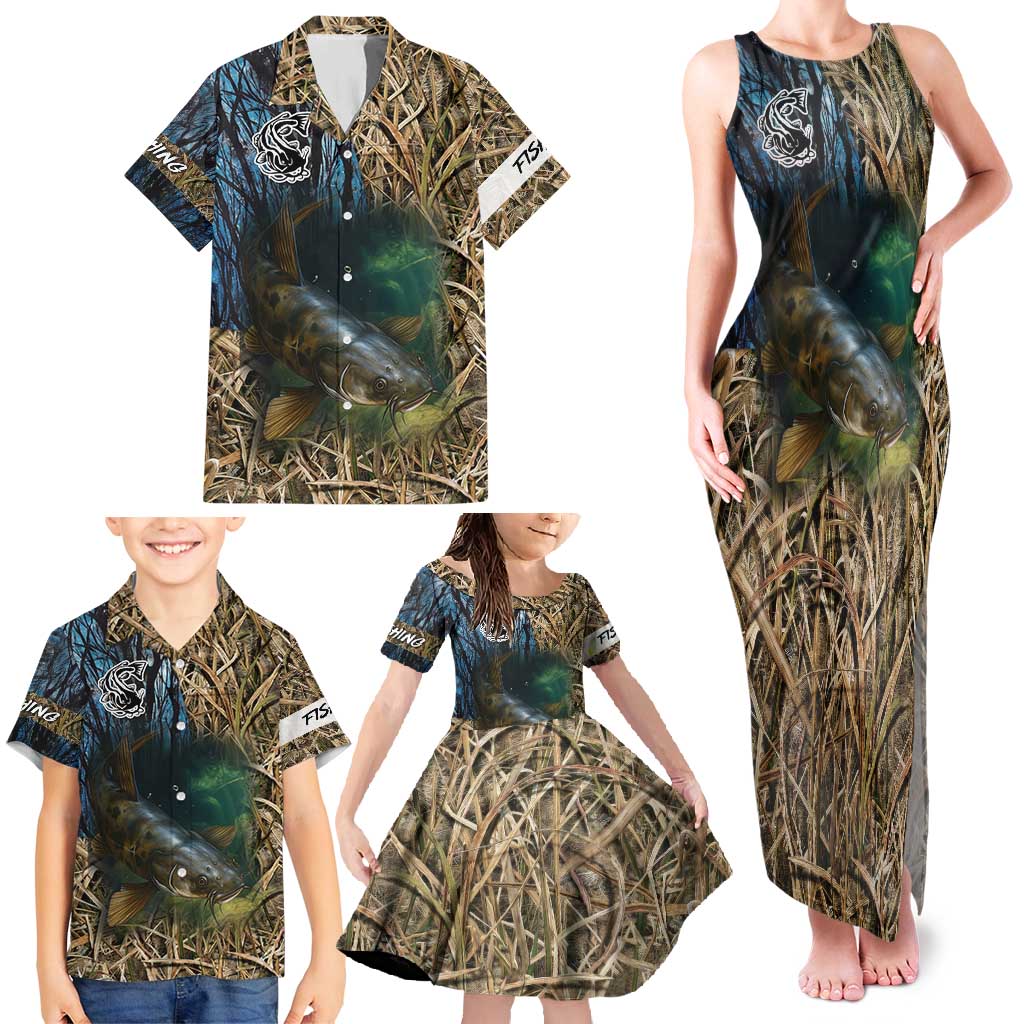 Catfish Fishing Underwater Scene Family Matching Tank Maxi Dress and Hawaiian Shirt Custom Name Swamp Grass and Camouflage - Wonder Print Shop