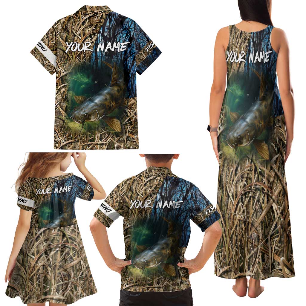 Catfish Fishing Underwater Scene Family Matching Tank Maxi Dress and Hawaiian Shirt Custom Name Swamp Grass and Camouflage - Wonder Print Shop