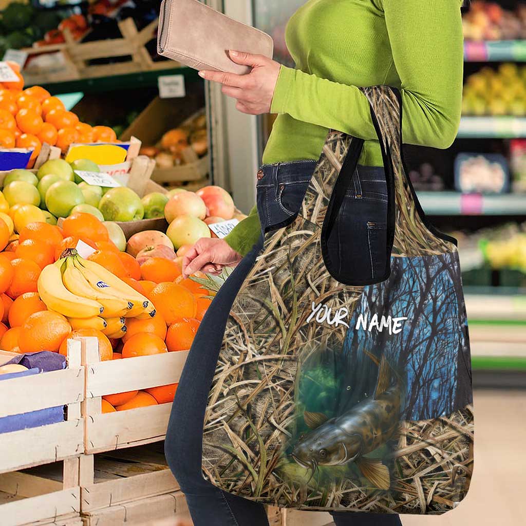 Catfish Fishing Underwater Scene Grocery Bag Custom Name Swamp Grass and Camouflage - Wonder Print Shop