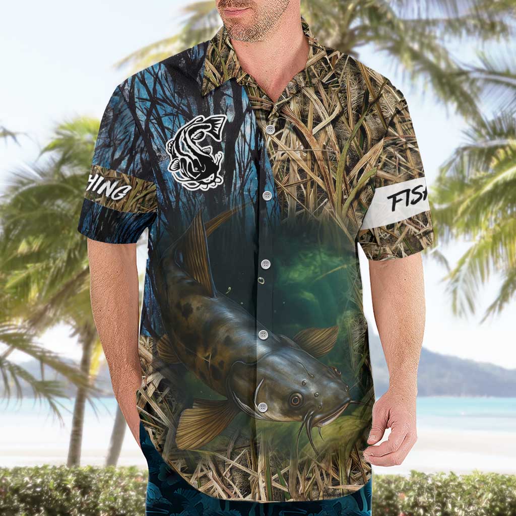 Catfish Fishing Underwater Scene Hawaiian Shirt Custom Name Swamp Grass and Camouflage - Wonder Print Shop