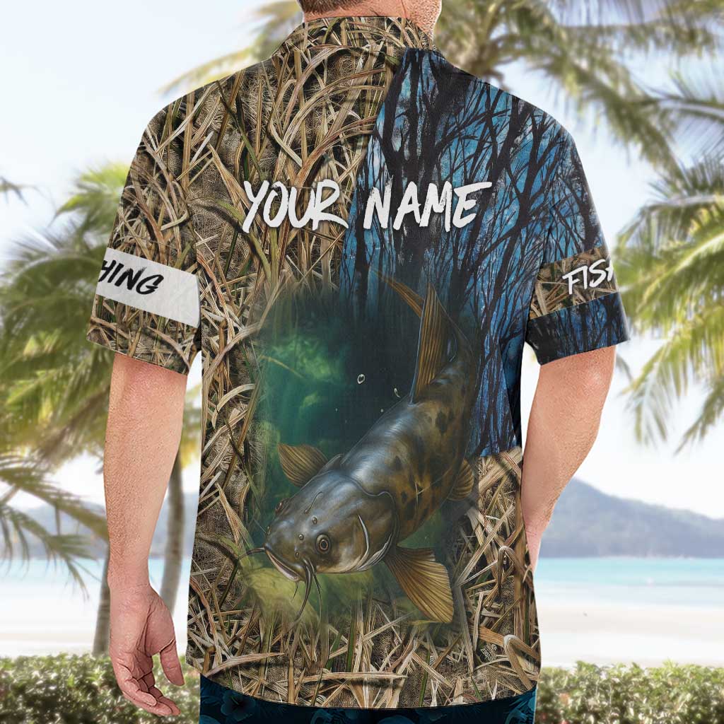 Catfish Fishing Underwater Scene Hawaiian Shirt Custom Name Swamp Grass and Camouflage - Wonder Print Shop