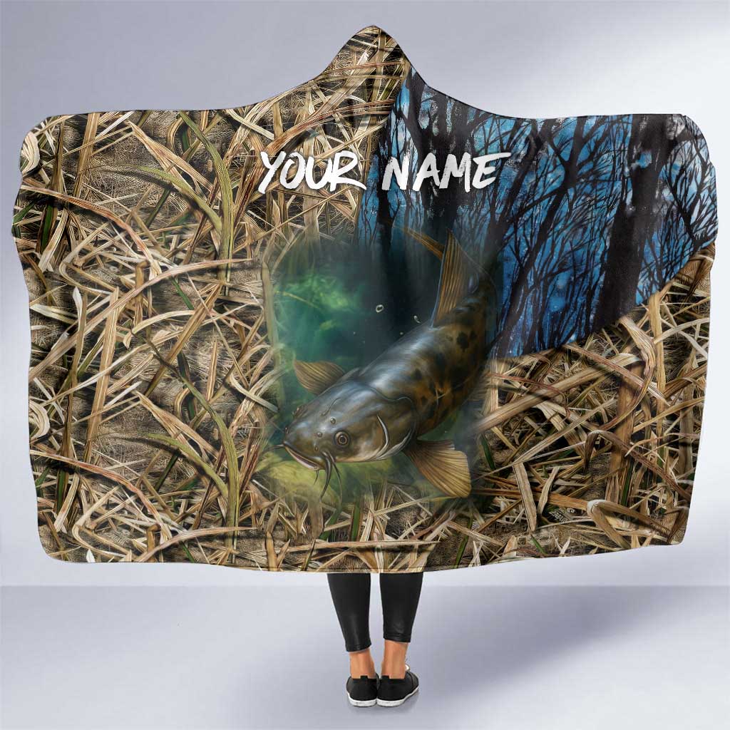 Catfish Fishing Underwater Scene Hooded Blanket Custom Name Swamp Grass and Camouflage - Wonder Print Shop