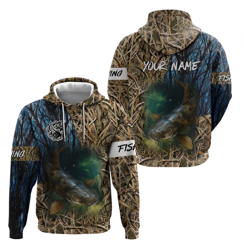 Catfish Fishing Underwater Scene Hoodie Custom Name Swamp Grass and Camouflage - Wonder Print Shop
