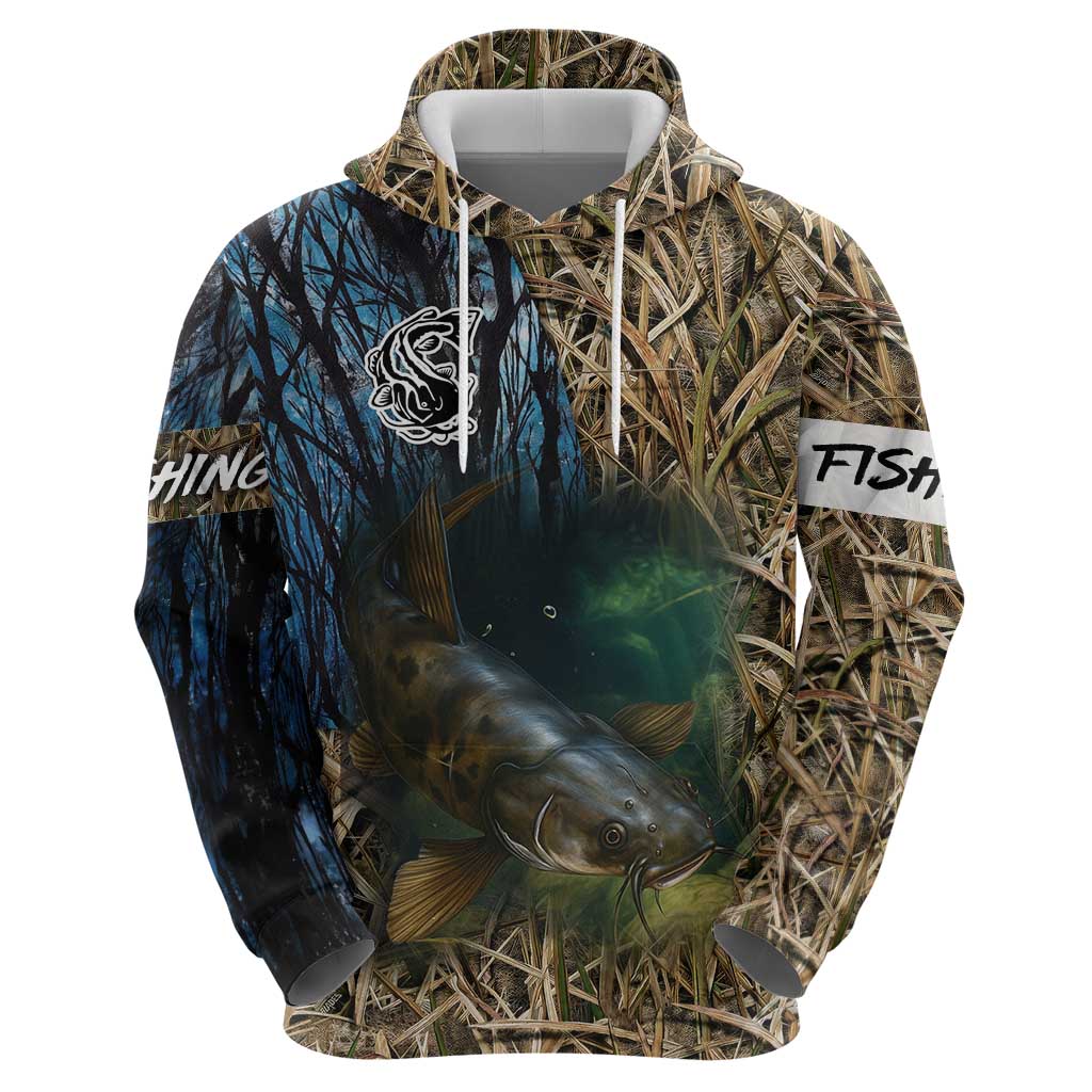 Catfish Fishing Underwater Scene Hoodie Custom Name Swamp Grass and Camouflage - Wonder Print Shop