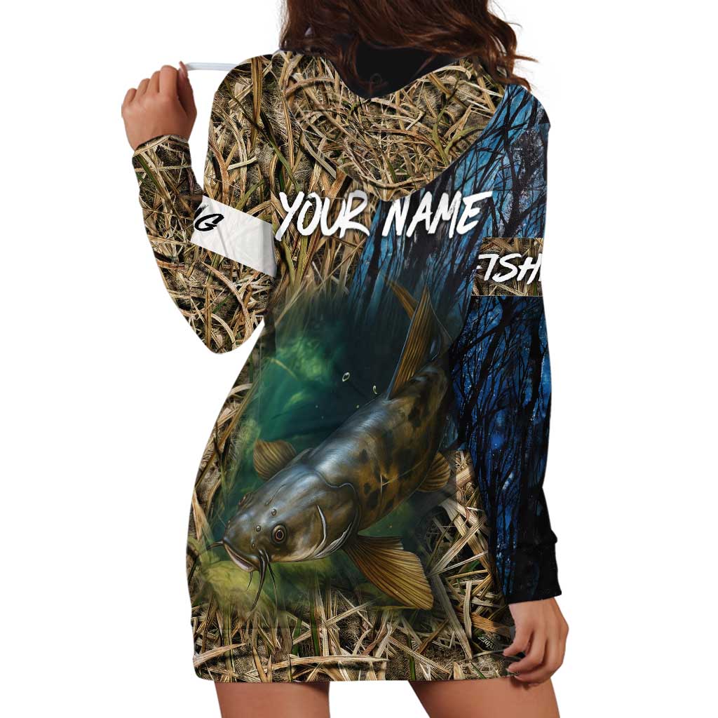 Catfish Fishing Underwater Scene Hoodie Dress Custom Name Swamp Grass and Camouflage - Wonder Print Shop
