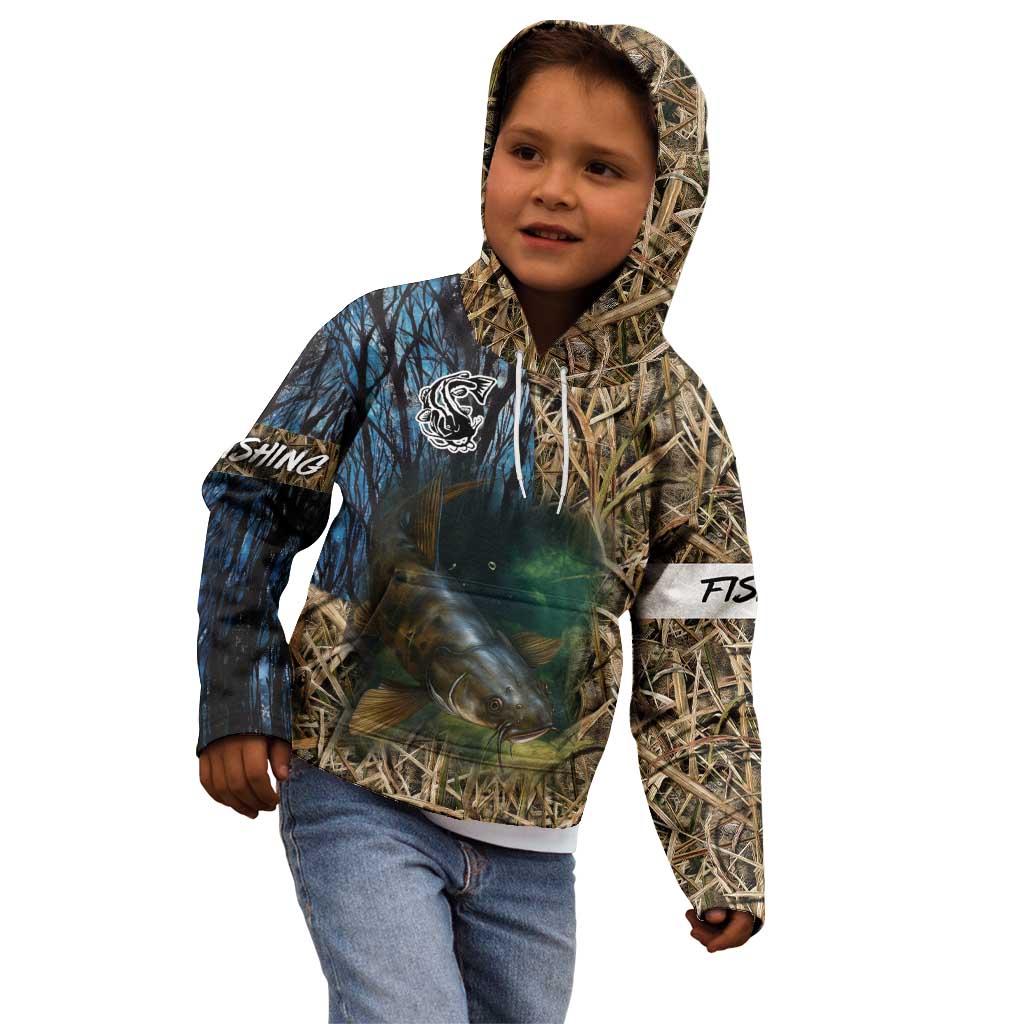 Catfish Fishing Underwater Scene Kid Hoodie Custom Name Swamp Grass and Camouflage - Wonder Print Shop