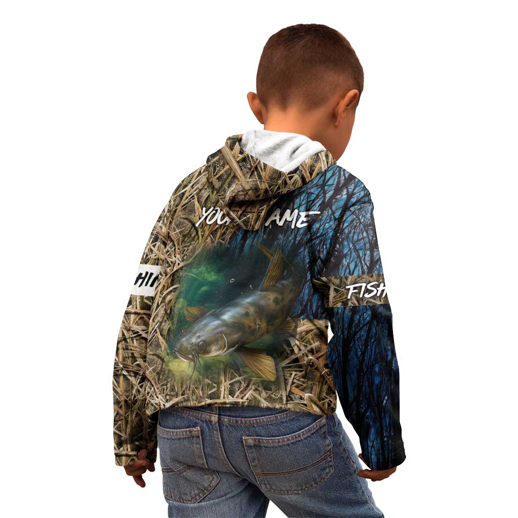 Catfish Fishing Underwater Scene Kid Hoodie Custom Name Swamp Grass and Camouflage - Wonder Print Shop