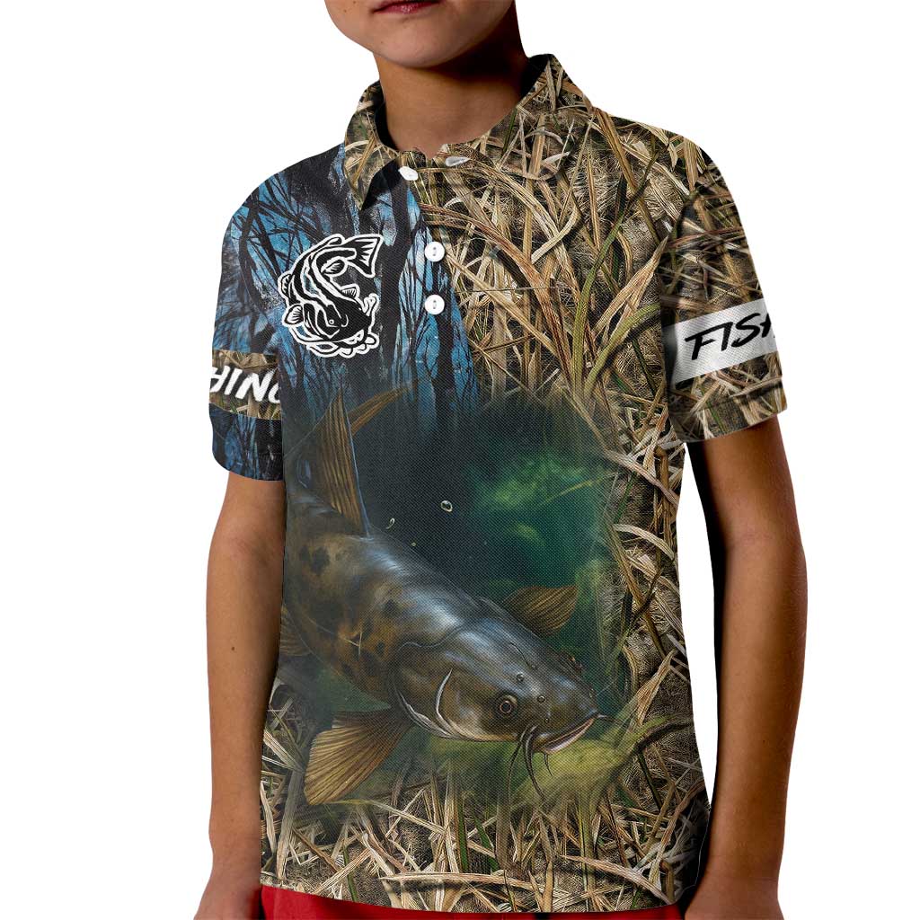 Catfish Fishing Underwater Scene Kid Polo Shirt Custom Name Swamp Grass and Camouflage - Wonder Print Shop