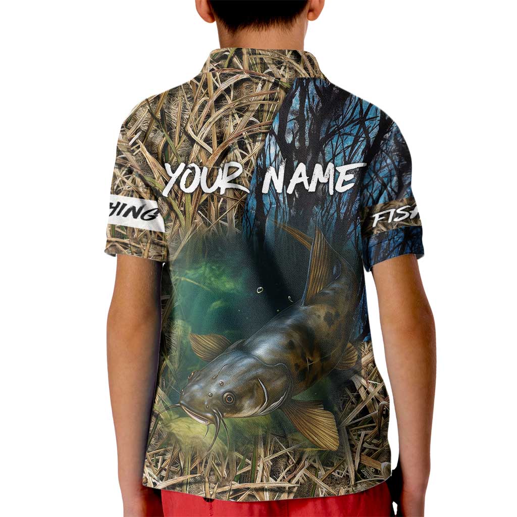 Catfish Fishing Underwater Scene Kid Polo Shirt Custom Name Swamp Grass and Camouflage - Wonder Print Shop
