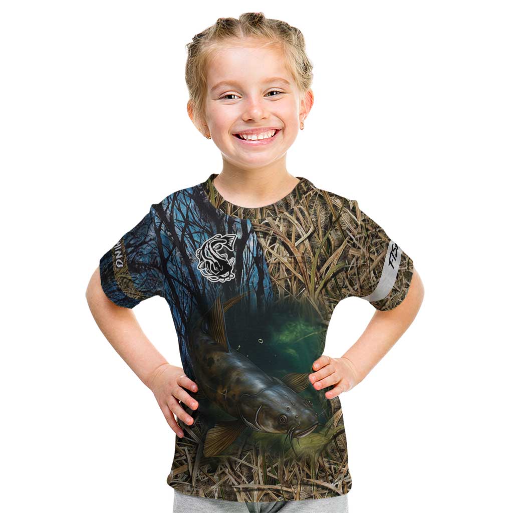 Catfish Fishing Underwater Scene Kid T Shirt Custom Name Swamp Grass and Camouflage - Wonder Print Shop