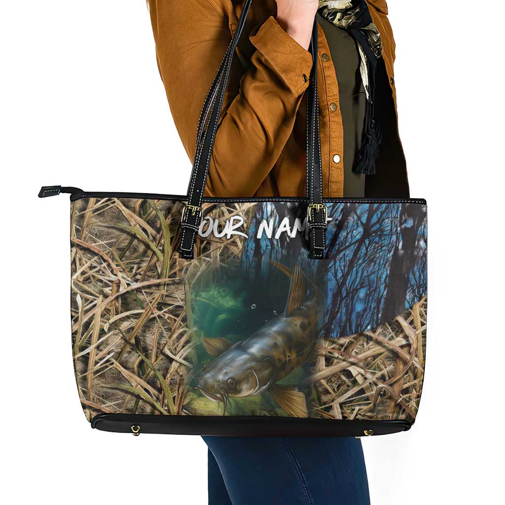 Catfish Fishing Underwater Scene Leather Tote Bag Custom Name Swamp Grass and Camouflage - Wonder Print Shop