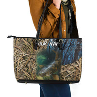 Catfish Fishing Underwater Scene Leather Tote Bag Custom Name Swamp Grass and Camouflage - Wonder Print Shop
