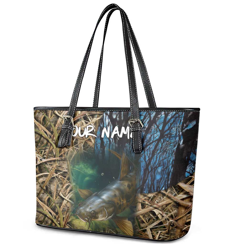Catfish Fishing Underwater Scene Leather Tote Bag Custom Name Swamp Grass and Camouflage - Wonder Print Shop