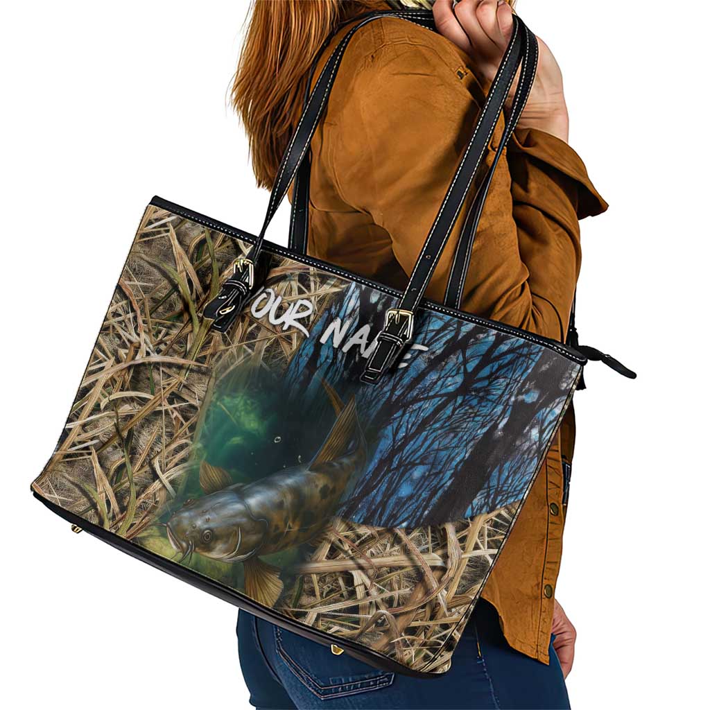 Catfish Fishing Underwater Scene Leather Tote Bag Custom Name Swamp Grass and Camouflage - Wonder Print Shop