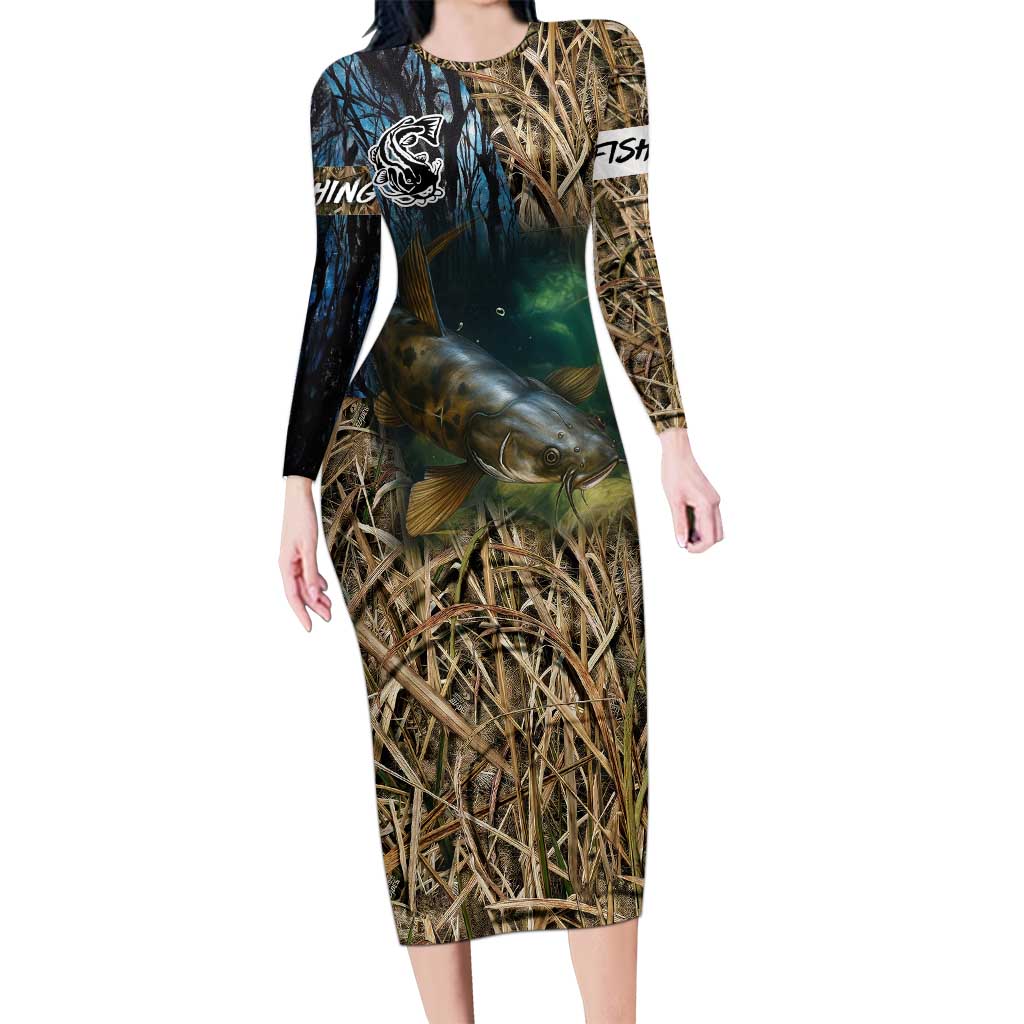 Catfish Fishing Underwater Scene Long Sleeve Bodycon Dress Custom Name Swamp Grass and Camouflage - Wonder Print Shop