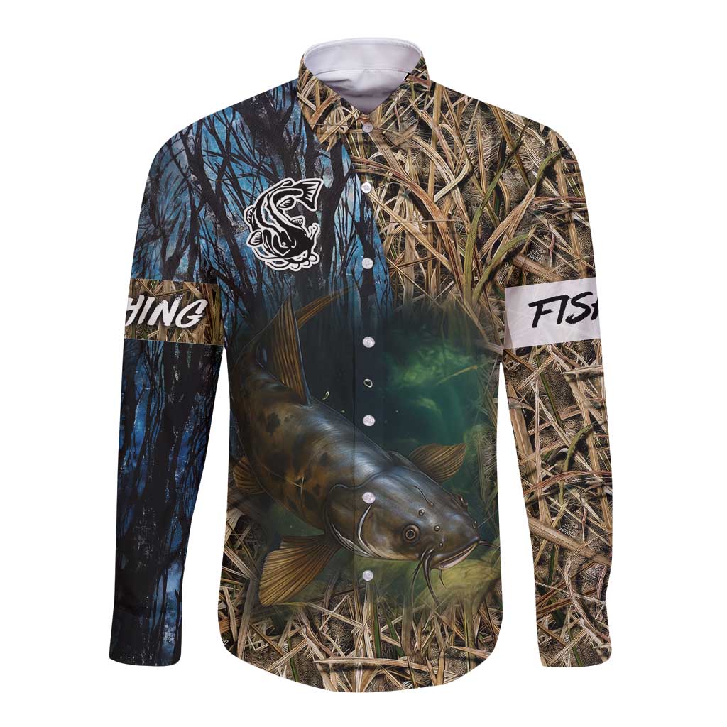 Catfish Fishing Underwater Scene Long Sleeve Button Shirt Custom Name Swamp Grass and Camouflage - Wonder Print Shop