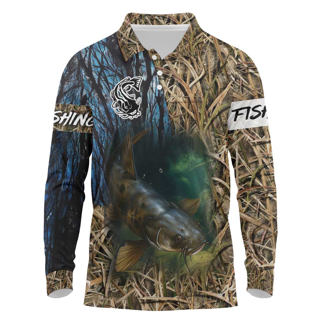 Catfish Fishing Underwater Scene Long Sleeve Polo Shirt Custom Name Swamp Grass and Camouflage - Wonder Print Shop