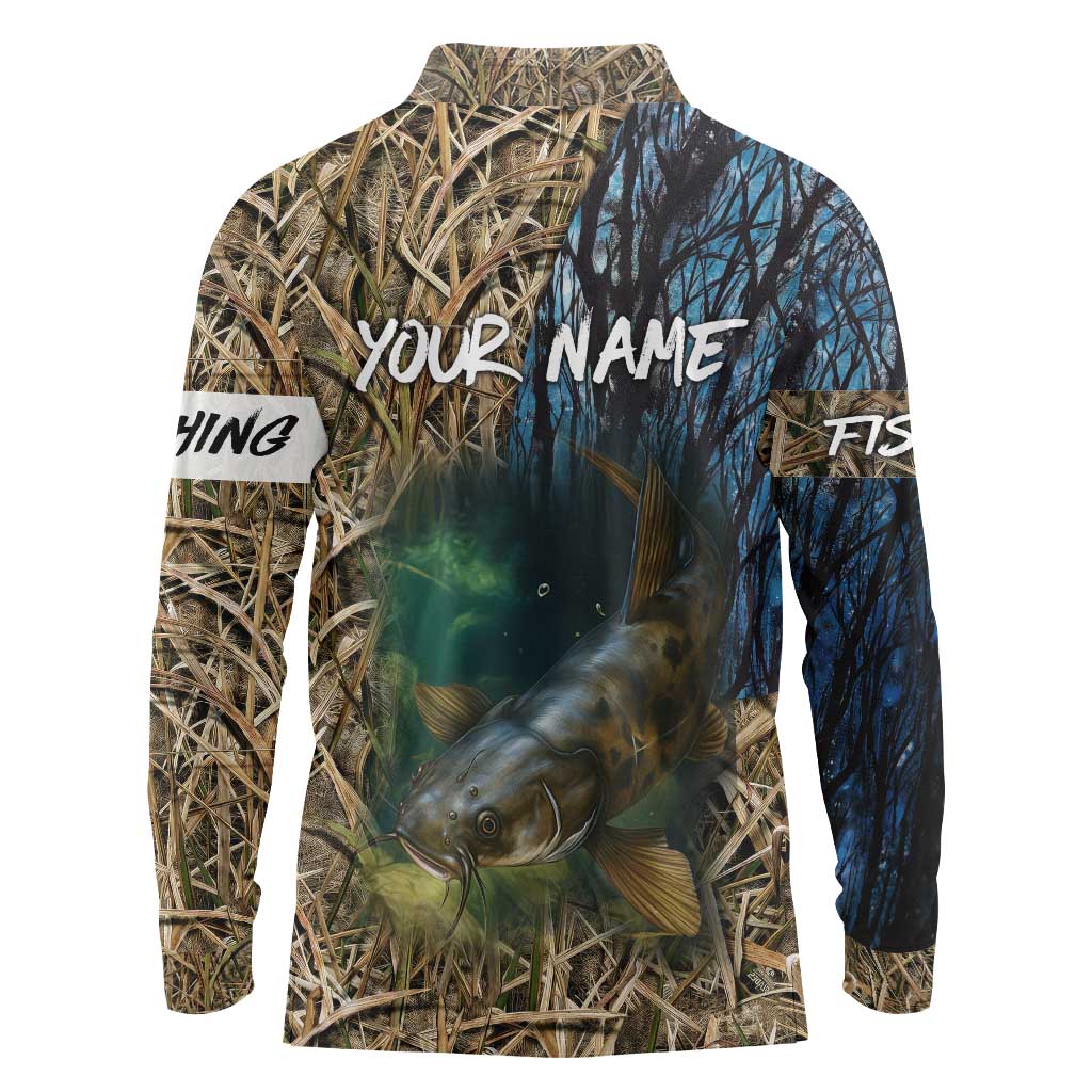 Catfish Fishing Underwater Scene Long Sleeve Polo Shirt Custom Name Swamp Grass and Camouflage - Wonder Print Shop