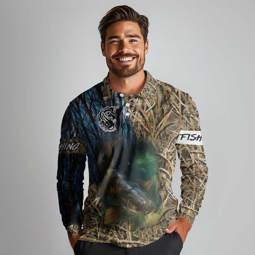 Catfish Fishing Underwater Scene Long Sleeve Polo Shirt Custom Name Swamp Grass and Camouflage - Wonder Print Shop