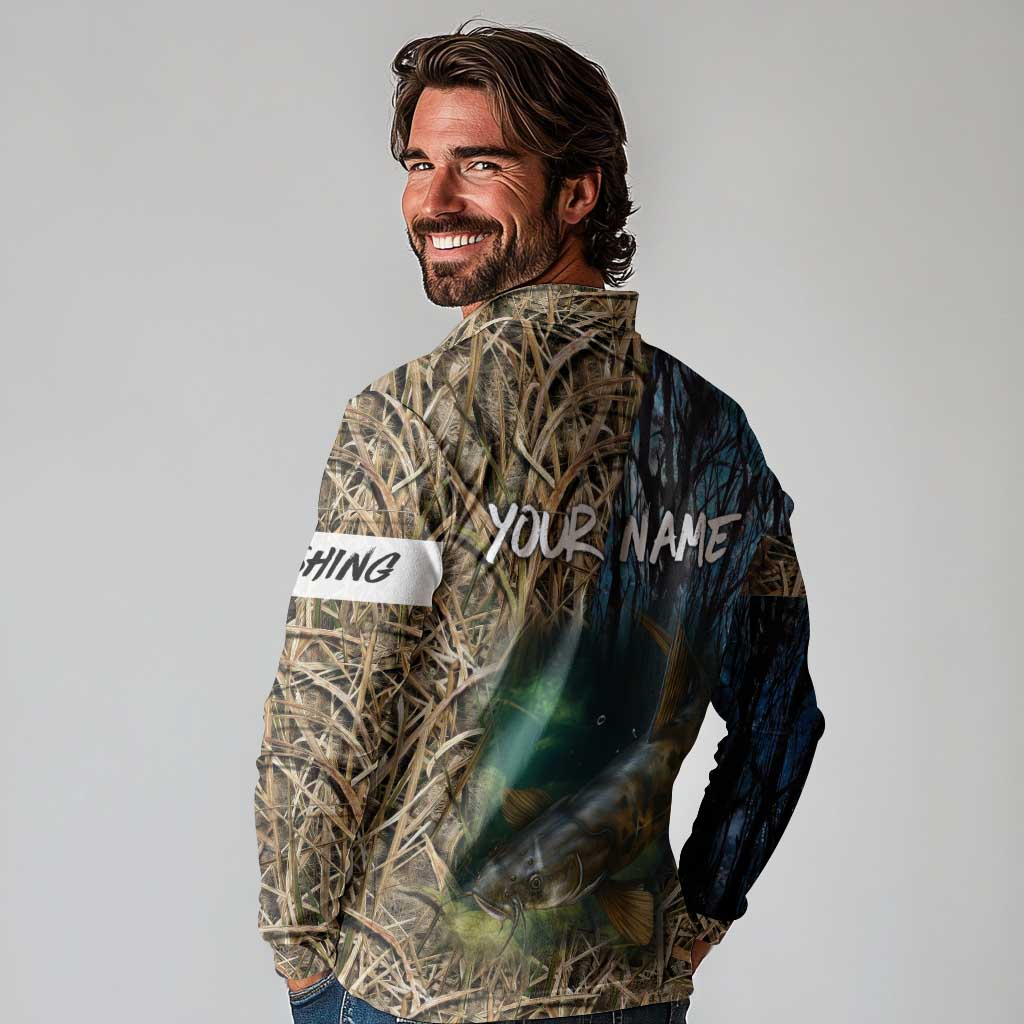 Catfish Fishing Underwater Scene Long Sleeve Polo Shirt Custom Name Swamp Grass and Camouflage - Wonder Print Shop