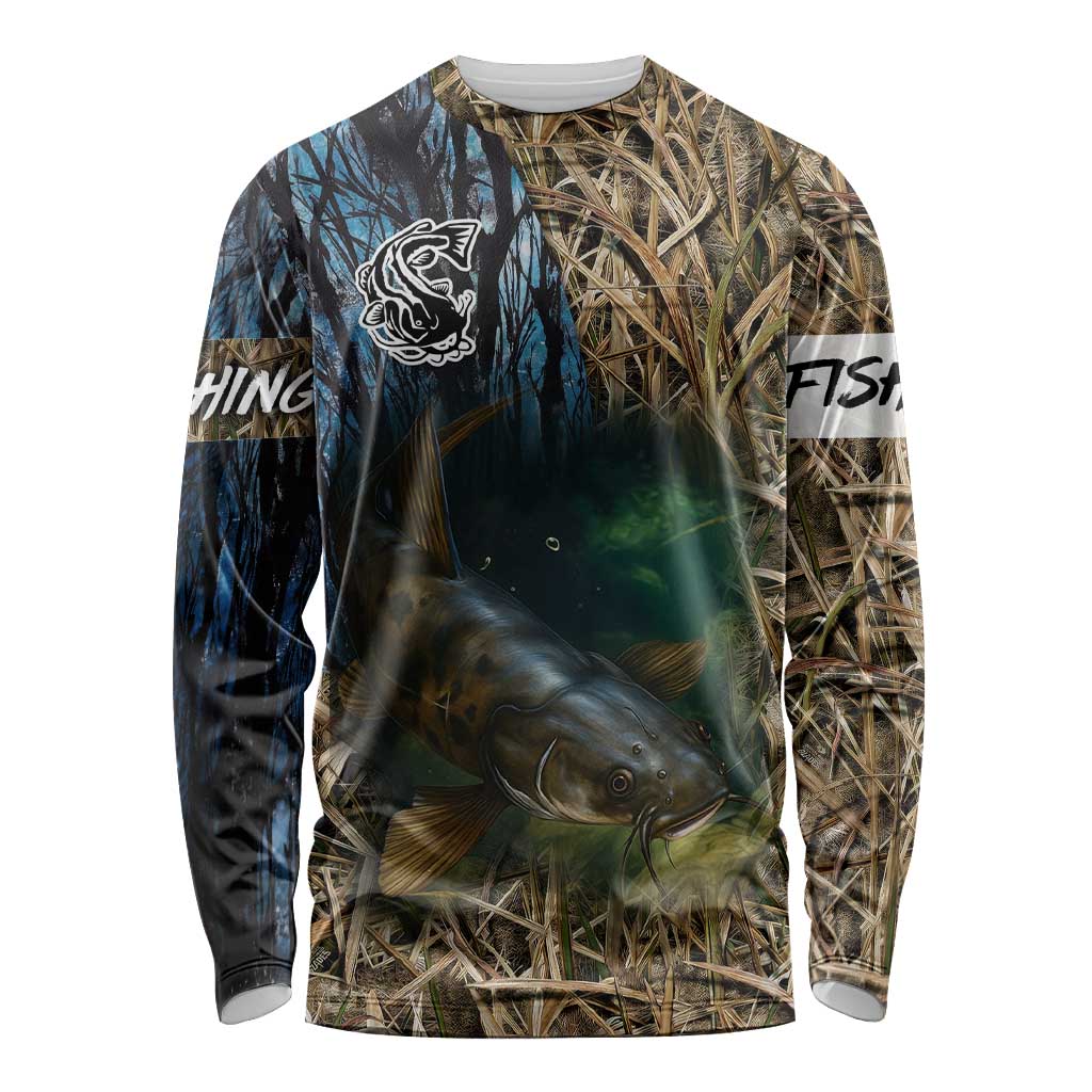 Catfish Fishing Underwater Scene Long Sleeve Shirt Custom Name Swamp Grass and Camouflage - Wonder Print Shop