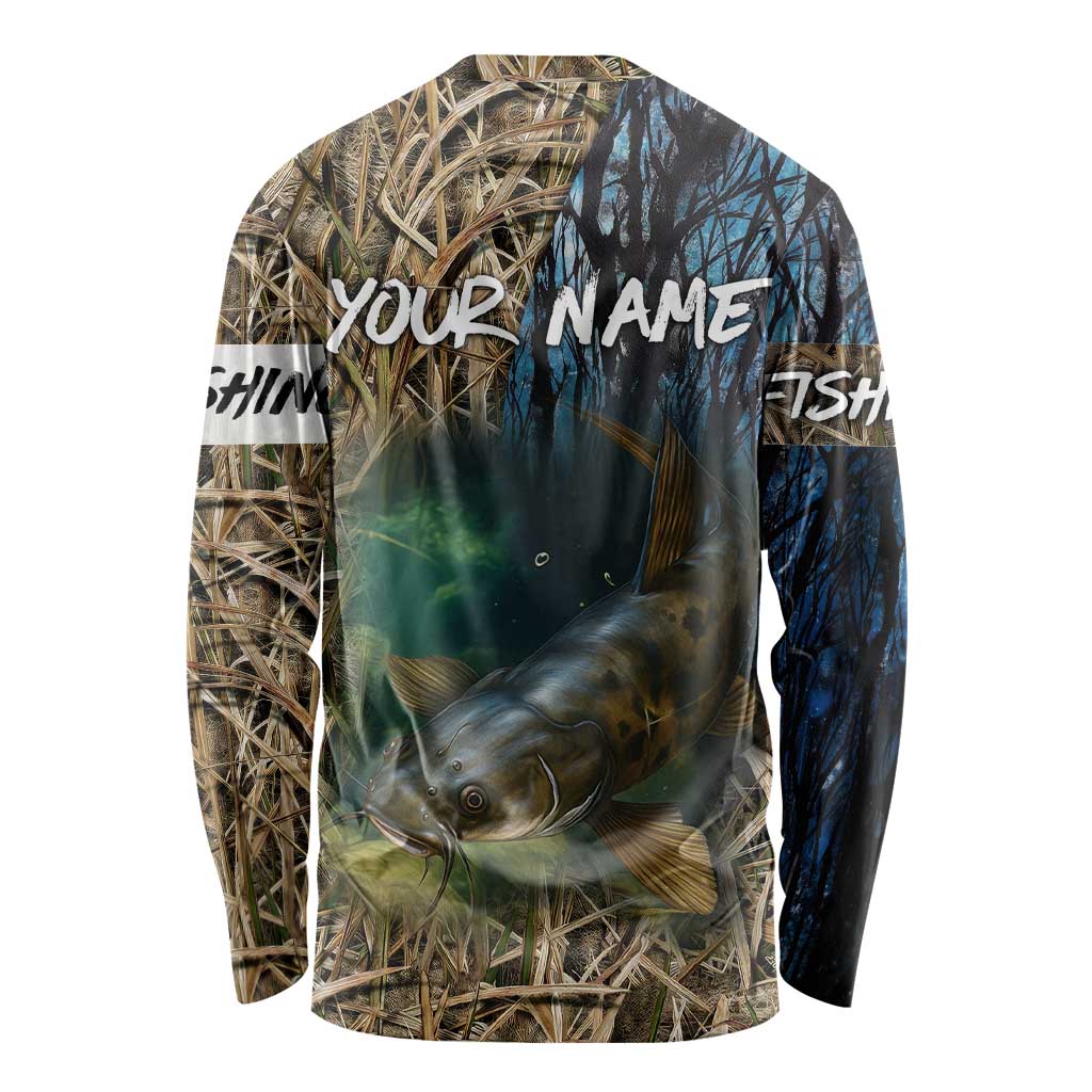 Catfish Fishing Underwater Scene Long Sleeve Shirt Custom Name Swamp Grass and Camouflage - Wonder Print Shop