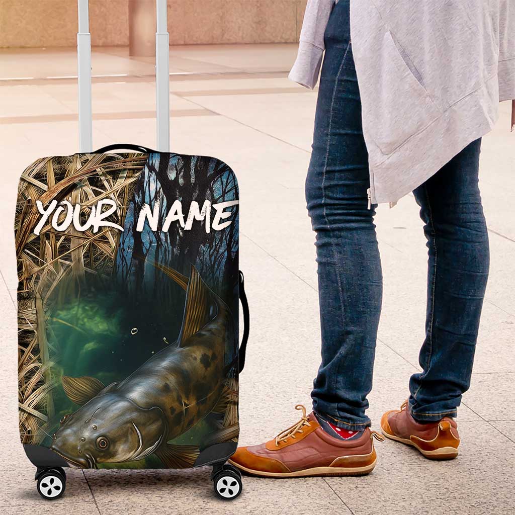 Catfish Fishing Underwater Scene Luggage Cover Custom Name Swamp Grass and Camouflage - Wonder Print Shop