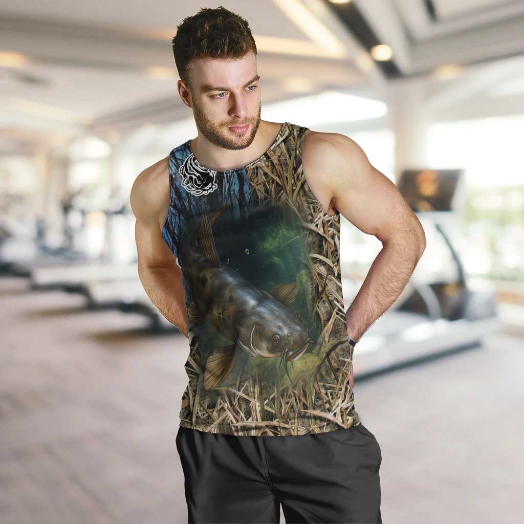 Catfish Fishing Underwater Scene Men Tank Top Custom Name Swamp Grass and Camouflage - Wonder Print Shop