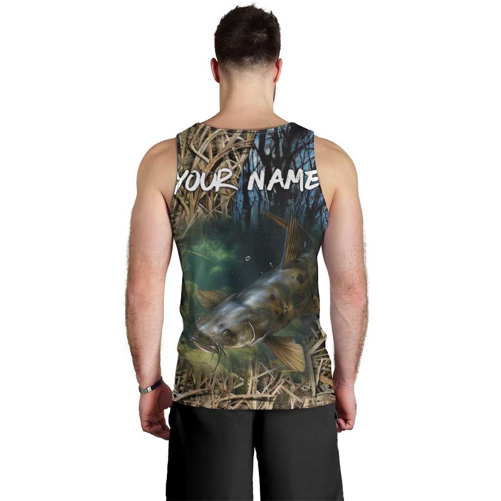 Catfish Fishing Underwater Scene Men Tank Top Custom Name Swamp Grass and Camouflage - Wonder Print Shop