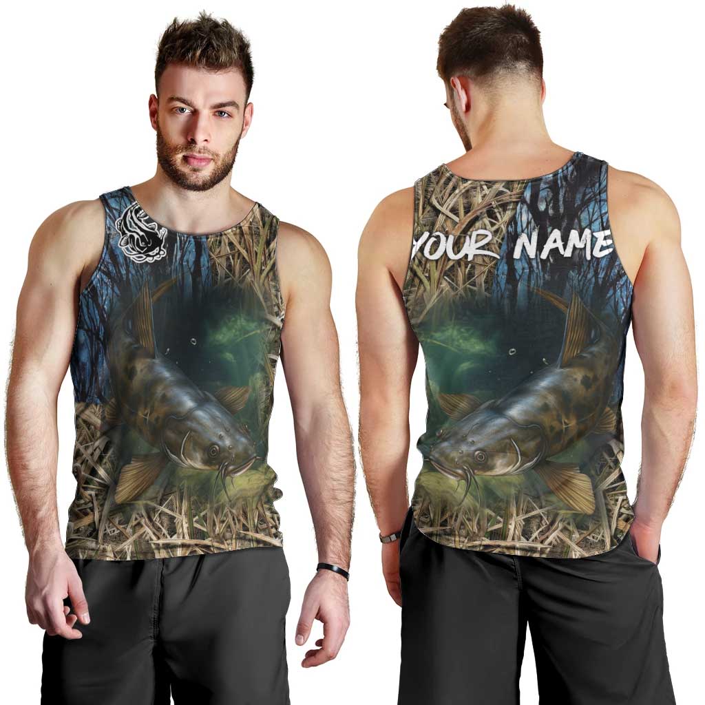 Catfish Fishing Underwater Scene Men Tank Top Custom Name Swamp Grass and Camouflage - Wonder Print Shop