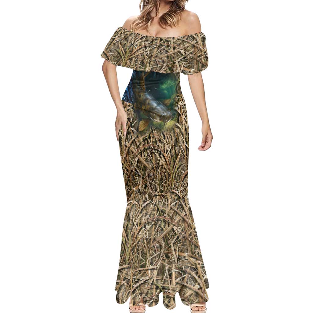 Catfish Fishing Underwater Scene Mermaid Dress Custom Name Swamp Grass and Camouflage - Wonder Print Shop