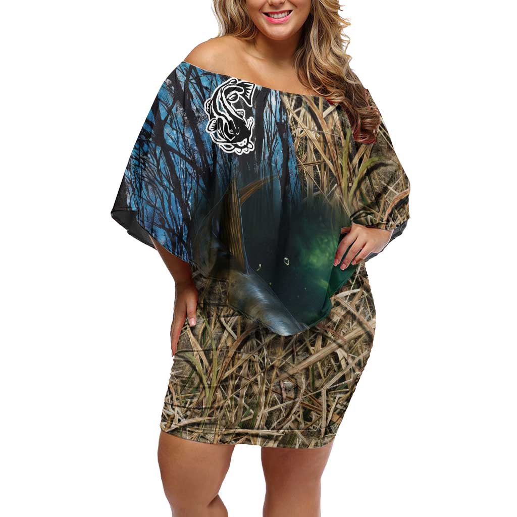 Catfish Fishing Underwater Scene Off Shoulder Short Dress Custom Name Swamp Grass and Camouflage - Wonder Print Shop