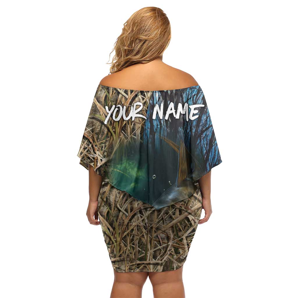 Catfish Fishing Underwater Scene Off Shoulder Short Dress Custom Name Swamp Grass and Camouflage - Wonder Print Shop