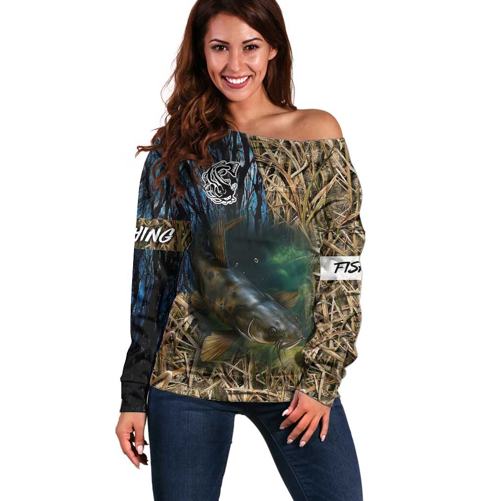 Catfish Fishing Underwater Scene Off Shoulder Sweater Custom Name Swamp Grass and Camouflage - Wonder Print Shop