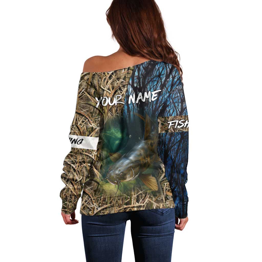 Catfish Fishing Underwater Scene Off Shoulder Sweater Custom Name Swamp Grass and Camouflage - Wonder Print Shop