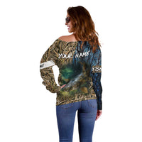 Catfish Fishing Underwater Scene Off Shoulder Sweater Custom Name Swamp Grass and Camouflage - Wonder Print Shop