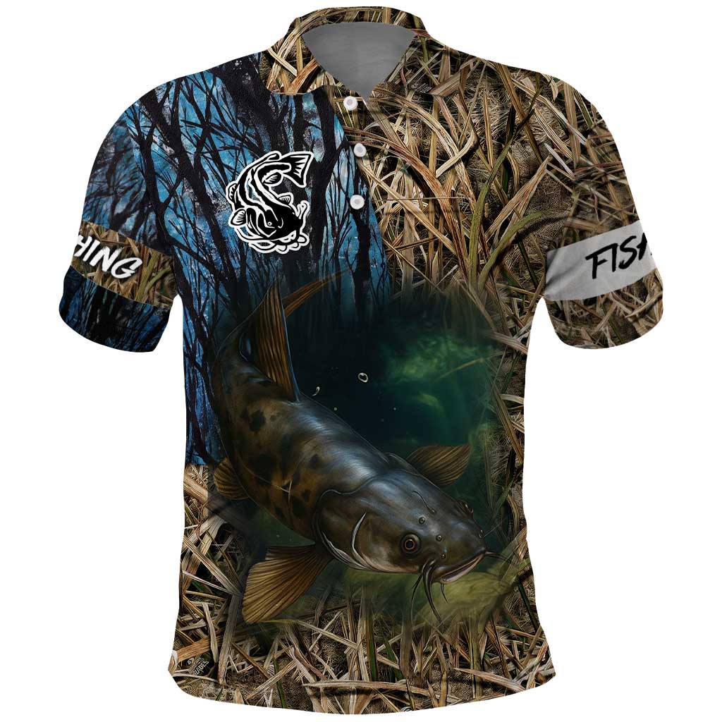 Catfish Fishing Underwater Scene Polo Shirt Custom Name Swamp Grass and Camouflage - Wonder Print Shop