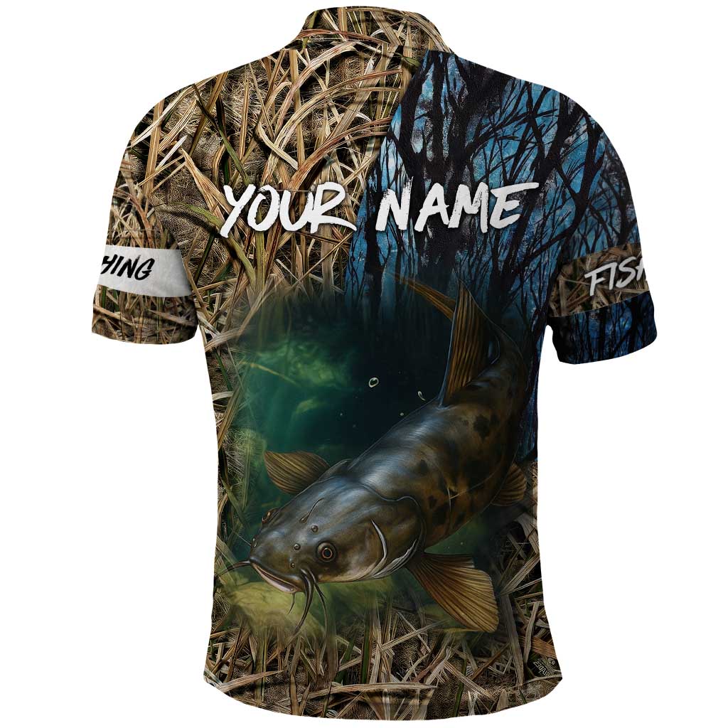 Catfish Fishing Underwater Scene Polo Shirt Custom Name Swamp Grass and Camouflage - Wonder Print Shop