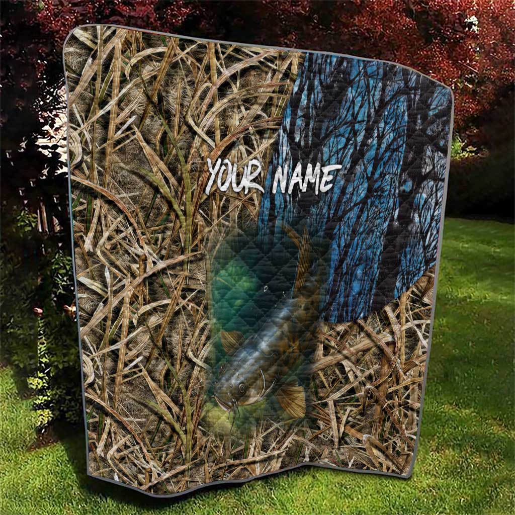 Catfish Fishing Underwater Scene Quilt Custom Name Swamp Grass and Camouflage - Wonder Print Shop