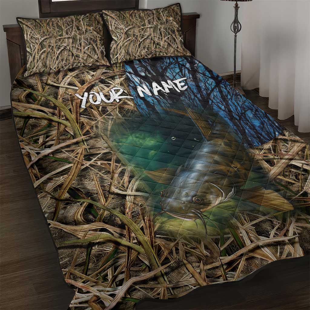 Catfish Fishing Underwater Scene Quilt Bed Set Custom Name Swamp Grass and Camouflage - Wonder Print Shop