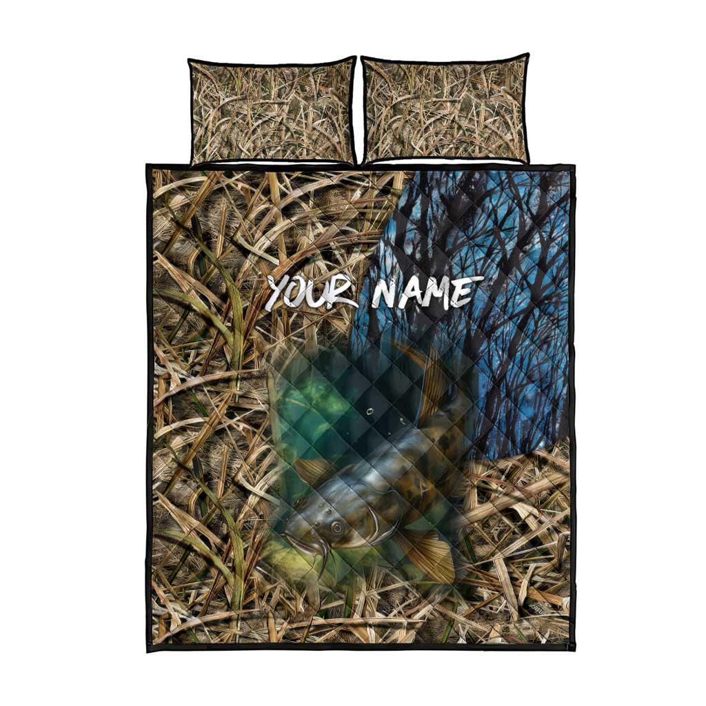 Catfish Fishing Underwater Scene Quilt Bed Set Custom Name Swamp Grass and Camouflage - Wonder Print Shop