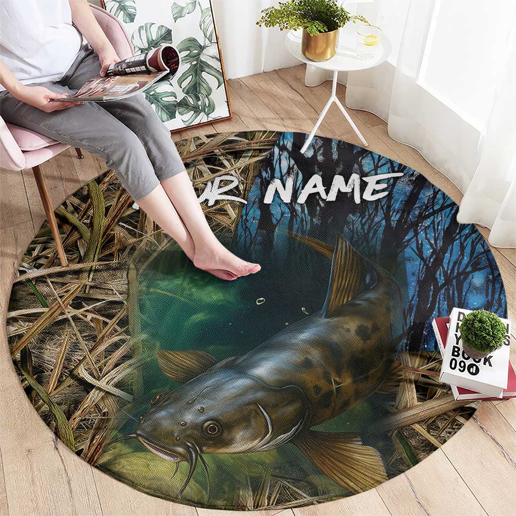 Catfish Fishing Underwater Scene Round Carpet Custom Name Swamp Grass and Camouflage - Wonder Print Shop
