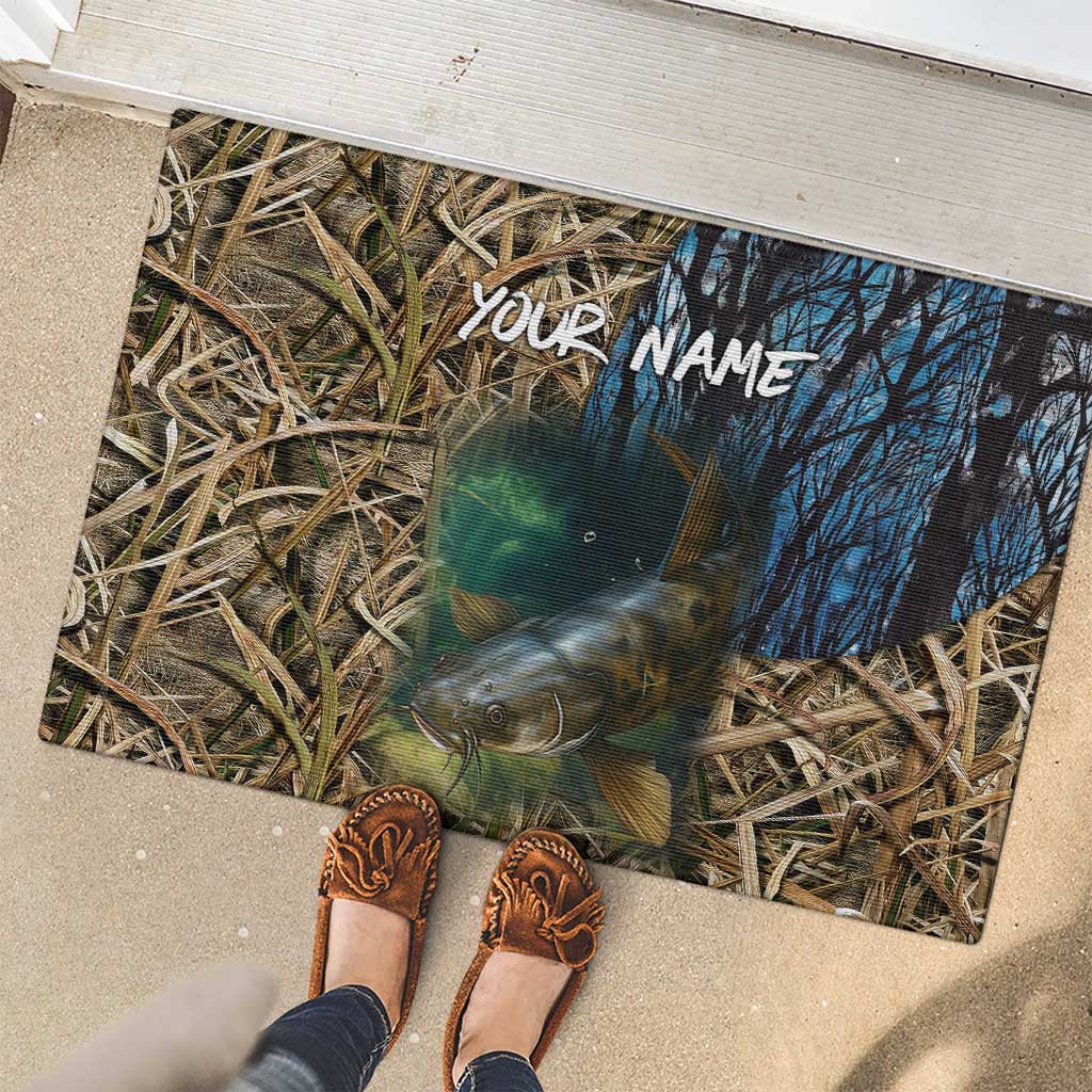 Catfish Fishing Underwater Scene Rubber Doormat Custom Name Swamp Grass and Camouflage - Wonder Print Shop