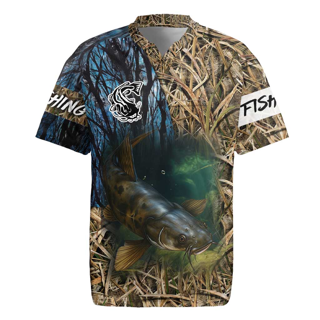 Catfish Fishing Underwater Scene Rugby Jersey Custom Name Swamp Grass and Camouflage - Wonder Print Shop