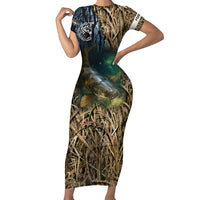 Catfish Fishing Underwater Scene Short Sleeve Bodycon Dress Custom Name Swamp Grass and Camouflage - Wonder Print Shop