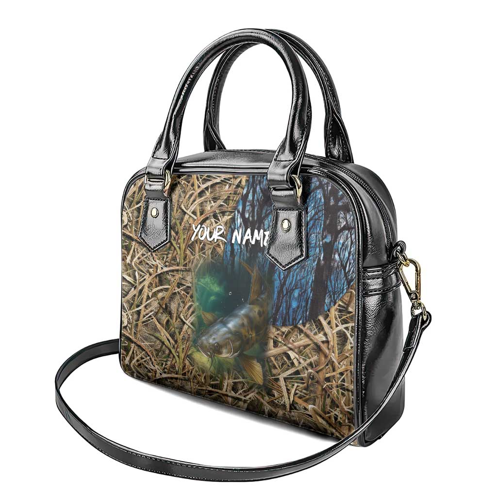 Catfish Fishing Underwater Scene Shoulder Handbag Custom Name Swamp Grass and Camouflage - Wonder Print Shop