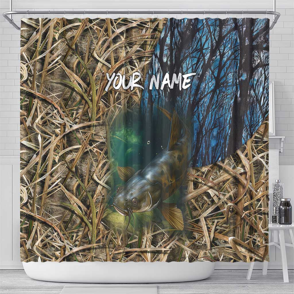 Catfish Fishing Underwater Scene Shower Curtain Custom Name Swamp Grass and Camouflage - Wonder Print Shop