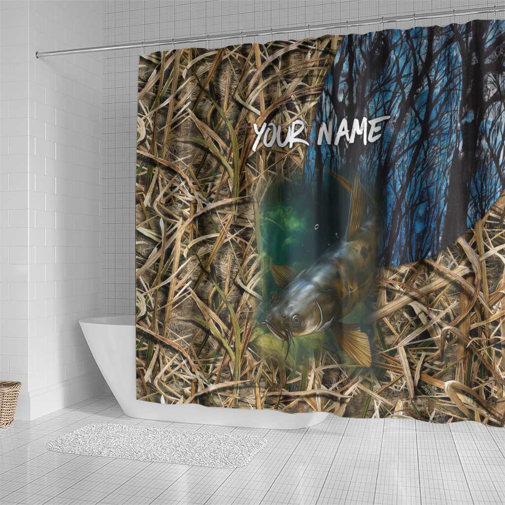 Catfish Fishing Underwater Scene Shower Curtain Custom Name Swamp Grass and Camouflage - Wonder Print Shop