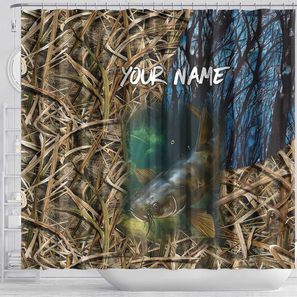 Catfish Fishing Underwater Scene Shower Curtain Custom Name Swamp Grass and Camouflage - Wonder Print Shop